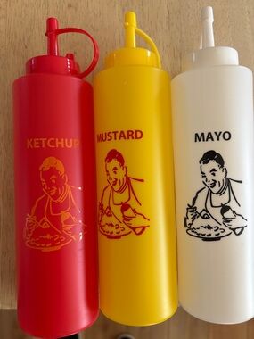 Ketchup, Mustard & Mayo Plastic Condiment Bottles - Red, Yellow, White